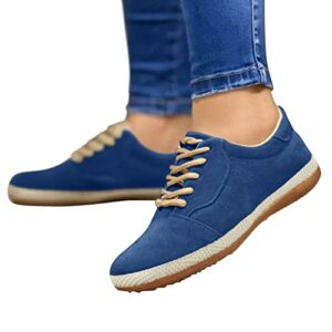 Soft-Toe Women Sneakers Slip On Wide Single Up Women Shoes Lace Casual Suede Toe Breathable Comfortable Flat (Blue, 9)