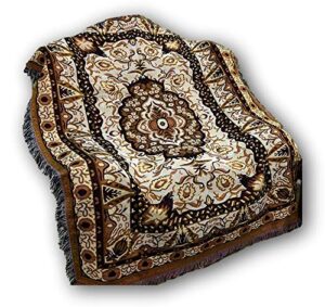 dada bedding elegant persian style rug tapestry throw blanket - royal ornate golden opulence w/fringe tassels - decorative damask floral cottage woven needle stitched design - 50” x 60” (7175)