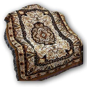 DaDa Bedding Elegant Persian Style Rug Tapestry Throw Blanket - Royal Ornate Golden Opulence w/Fringe Tassels - Decorative Damask Floral Cottage Woven Needle Stitched Design - 50” x 60” (7175)