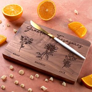 GRANDMA'S GARDEN, Personalized Walnut Cutting Board with Birth Flower Design - Mothers Day Gifts for Grandma, Custom Engraved Gifts for Mom, Grandma - Grandma Gifts Ideas - 4 Names