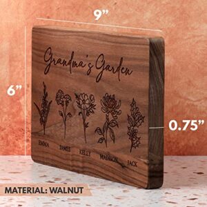 GRANDMA'S GARDEN, Personalized Walnut Cutting Board with Birth Flower Design - Mothers Day Gifts for Grandma, Custom Engraved Gifts for Mom, Grandma - Grandma Gifts Ideas - 4 Names