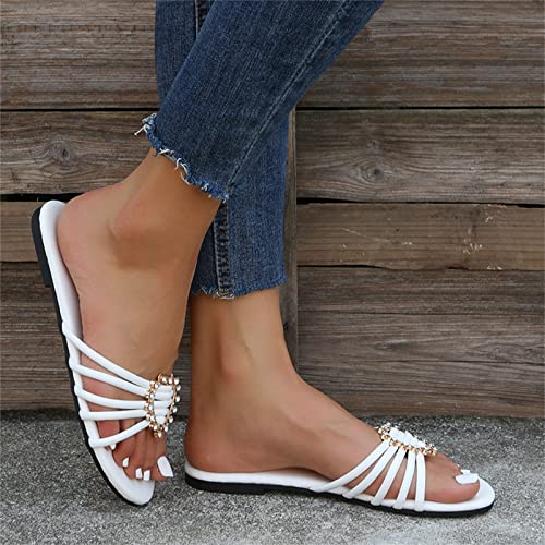Comfy Flip Flops for Women Slippers Ladies Summer Bohemian Style Solid Color Leather Heart Diamond Open Toe Flat Fashion Slippers (White, 9)