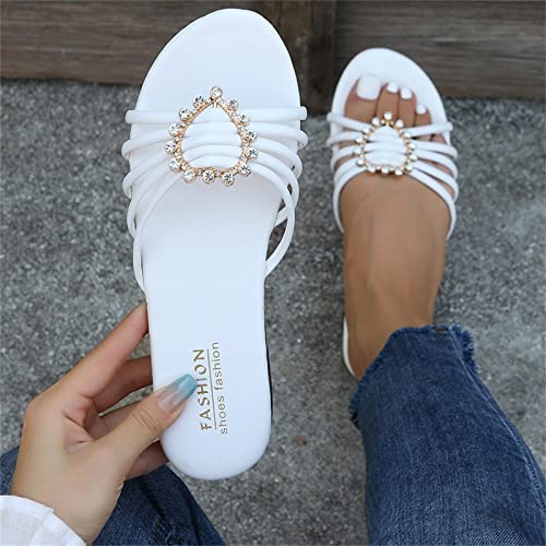 Comfy Flip Flops for Women Slippers Ladies Summer Bohemian Style Solid Color Leather Heart Diamond Open Toe Flat Fashion Slippers (White, 9)