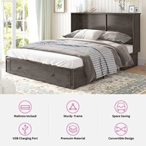 Mixoy Queen Size Murphy Cube Bed,Queen Murphy Cube Cabinet Chest Bed with 3 Level Folding Memory Foam Mattress & USB Charging Station& Large Drawers (Grey,Poplar)