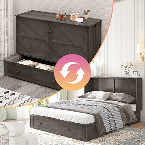 Mixoy Queen Size Murphy Cube Bed,Queen Murphy Cube Cabinet Chest Bed with 3 Level Folding Memory Foam Mattress & USB Charging Station& Large Drawers (Grey,Poplar)