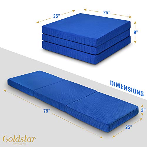 Gold Star Tri-Folding Gel Memory Foam Mattress, 25 x 75 Inches - 3-Inch Gel-Infused Cooling Mattress Topper, Cot Pad, Guest Bed - Portable Floor Mattress with Soft, Removable, and Washable Cover