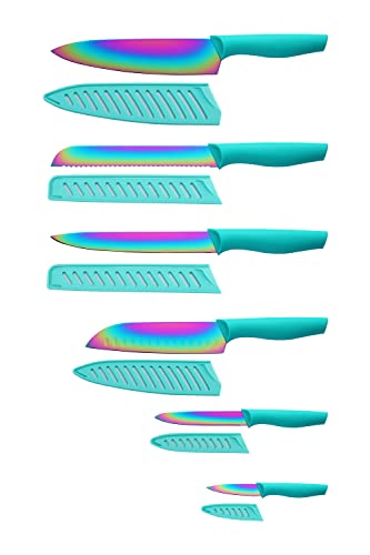 DISHWASHER SAFE Kitchen Knife Set, Marco Almond® KYA37 12-Piece Rainbow Titanium Stainless Steel Boxed Knives Set for Kitchen with Sheath, 6 Knives with 6 Blade Guards, Teal