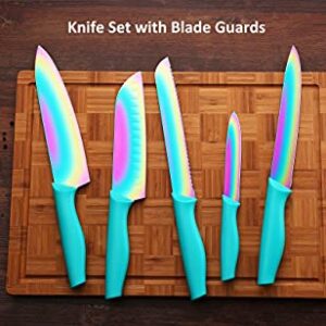 DISHWASHER SAFE Kitchen Knife Set, Marco Almond® KYA37 12-Piece Rainbow Titanium Stainless Steel Boxed Knives Set for Kitchen with Sheath, 6 Knives with 6 Blade Guards, Teal