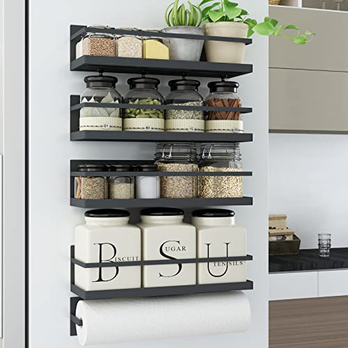 Roysili Magnetic Spice Rack Organizer Spice Organizer For Refrigerator Fridge Spice Rack For Kitchen Organizer Magnetic Shelf Space Saving Black 4 Pack With Paper Towel Holder