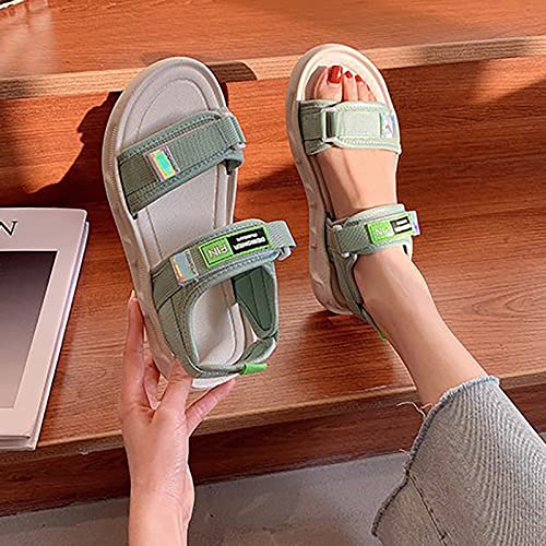 Memory Foam Sandals for Women Size 12 2023 Summer Fashion Outerwear Flat Bottom All Student Beach Non Slip Soft Bottom Sports Female Sandals (Green, 6.5)