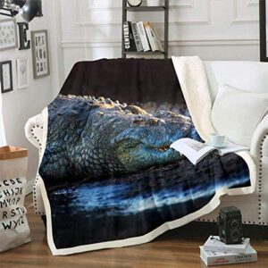 Crocodile Warm Plush Blanket Alligator Pattern Fleece Throw Blanket Wild Animal Theme Sherpa Blanket for Sofa Couch Bed Wildlife Style Decor Microfiber Fuzzy Blanket Room Decor Twin 60"x80"