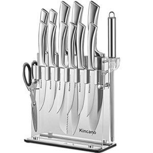 knife set, 14 pcs high carbon stainless steel kitchen knife set for chef, super sharp knife set with acrylic stand, include steak knives, sharpener and scissors, ergonomical design by kincano