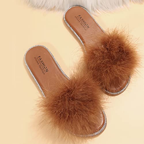 Slide Slippers Women Ladies Fashion Multi Color Plush Rhinestone Decorative Flat Open Toe Beach Slippers (Brown, 6.5)