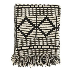 bloomingville black & beige woven cotton blend blanket with fringe throw, one size fits all, black