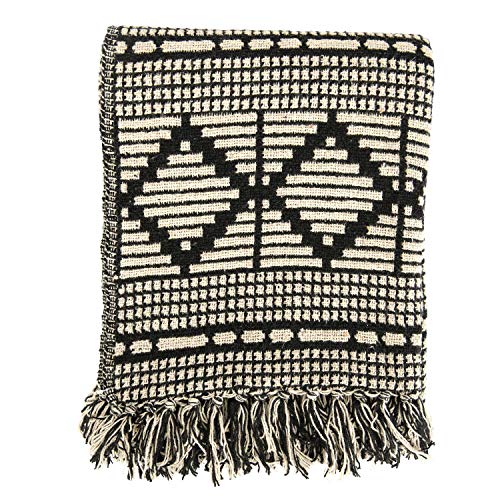 Bloomingville Black & Beige Woven Cotton Blend Blanket with Fringe Throw, One Size fits All, Black