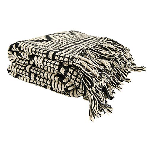 Bloomingville Black & Beige Woven Cotton Blend Blanket with Fringe Throw, One Size fits All, Black