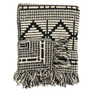 Bloomingville Black & Beige Woven Cotton Blend Blanket with Fringe Throw, One Size fits All, Black