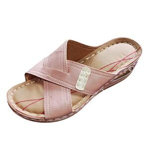 women leather sandals size 6 women summer solid color slip on casual toe wedges comfortable beach shoes sandals (pink, 6.5)