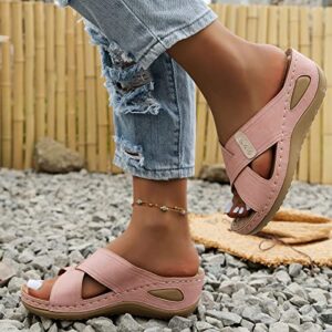 Women Leather Sandals Size 6 Women Summer Solid Color Slip On Casual Toe Wedges Comfortable Beach Shoes Sandals (Pink, 6.5)