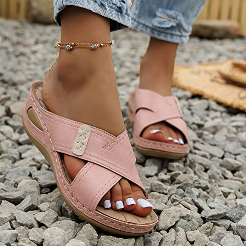 Women Leather Sandals Size 6 Women Summer Solid Color Slip On Casual Toe Wedges Comfortable Beach Shoes Sandals (Pink, 6.5)