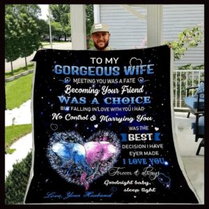 to my gorgeous wife, on mothers day blue pink elephant in heart , valentines day gift ideas, jesus blanket (fleece blanket, 60x80)