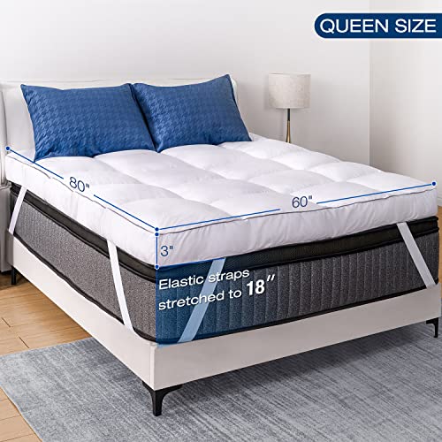 Mattress Topper Queen Cooling Plush Pillow Top Mattress Toppers Feather Bed Topper, Marine Moon Hotel Quality Down Alternative Pillow Topper 3 Inch Extra Thick Soft Mattress Topper Pad for Back Pain