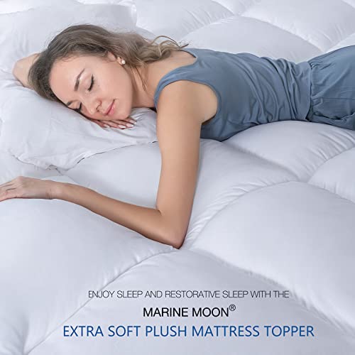 Mattress Topper Queen Cooling Plush Pillow Top Mattress Toppers Feather Bed Topper, Marine Moon Hotel Quality Down Alternative Pillow Topper 3 Inch Extra Thick Soft Mattress Topper Pad for Back Pain