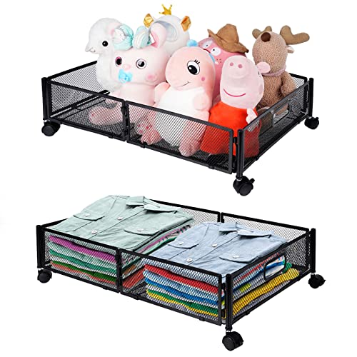 Under Bed Storage with Wheels, 2 Pack Foldable Under Bed Shoe Storage Containers Drawer Underbed Rolling Storage Organizer for Clothes Toys Shoes