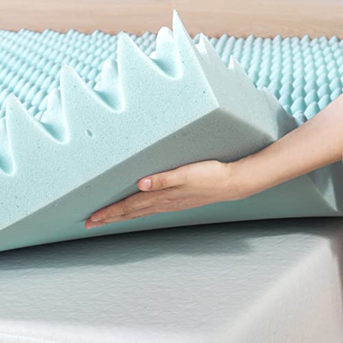 Best Price Mattress 4 Inch Egg Crate Memory Foam Mattress Topper with Cooling Gel Infusion, CertiPUR-US Certified, Queen Light Blue