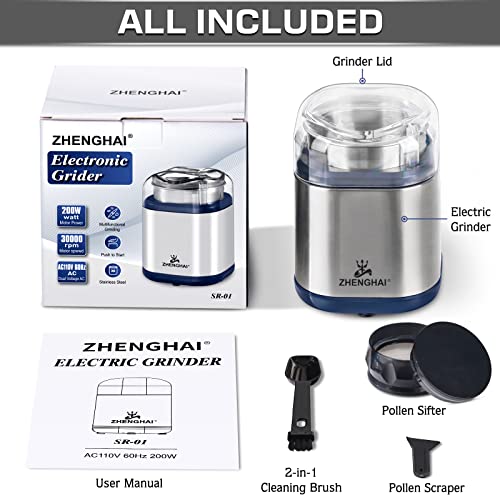 ZHENGHAI Electric Herb Grinder 200w Spice Grinder Compact Size, Easy On/Off, Fast Grinding for Flower Buds Dry Spices Herbs, with Pollen Catcher and Cleaning Brush (Stainless Steel & Blue)