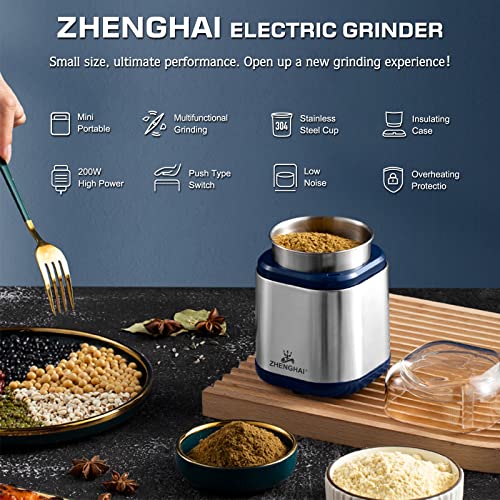 ZHENGHAI Electric Herb Grinder 200w Spice Grinder Compact Size, Easy On/Off, Fast Grinding for Flower Buds Dry Spices Herbs, with Pollen Catcher and Cleaning Brush (Stainless Steel & Blue)