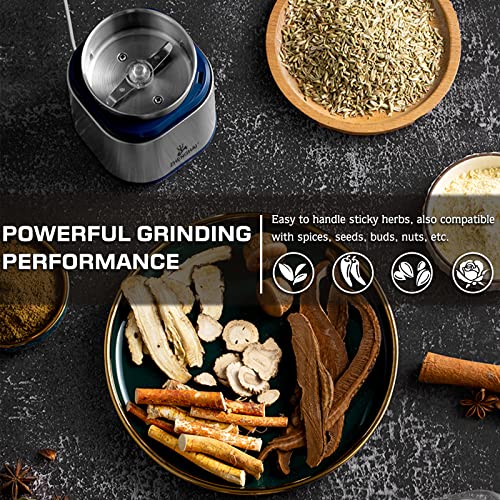 ZHENGHAI Electric Herb Grinder 200w Spice Grinder Compact Size, Easy On/Off, Fast Grinding for Flower Buds Dry Spices Herbs, with Pollen Catcher and Cleaning Brush (Stainless Steel & Blue)