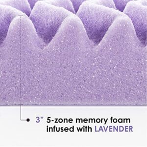 Mellow 3 Inch 5-Zone Memory Foam Mattress Topper, Soothing Lavender Infusion, Queen