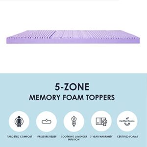 Mellow 3 Inch 5-Zone Memory Foam Mattress Topper, Soothing Lavender Infusion, Queen