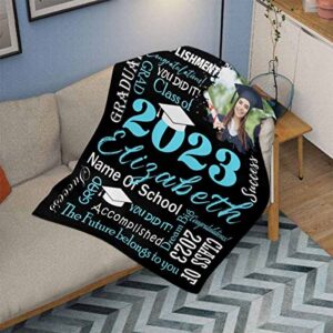 M YESCUSTOM Custom Name 2023 Graduation Blankets with Photo for Son Daughter Kids Personalized for Him Her Class of 2023 Seniors Students 50"x60"