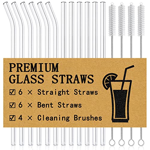 Piteno® 16-Pack Reusable Glass Straws, Clear Glass Drinking Straws, Perfect for Smoothies, Milkshakes, Juice, Tea, Set of 6 Straight and 6 Bent with 4 Cleaning Brushes (Size 8.5''x10MM)