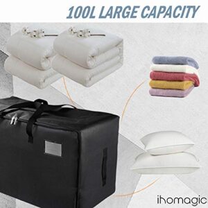 IHOMGAIC 100L Extra Large Storage Bag, Tote Storage Organizer with Double Zipper and Carry Handles, Collapsible Under Bed Storage Quilt Pillow Containers with Clear Pocket 27.5x16.5x13.7in (Black, L)