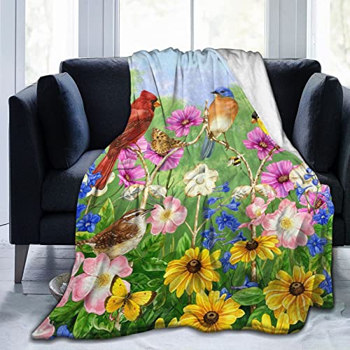 Perinsto Spring Summer Flowers Birds Throw Blanket Ultra Soft Warm All Season Rustic Sunflowers Floral Cardinal Decorative Fleece Blankets for Bed Chair Car Sofa Couch Bedroom 50"X40"