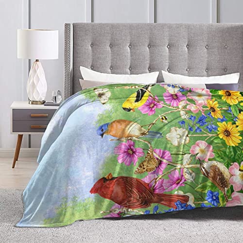 Perinsto Spring Summer Flowers Birds Throw Blanket Ultra Soft Warm All Season Rustic Sunflowers Floral Cardinal Decorative Fleece Blankets for Bed Chair Car Sofa Couch Bedroom 50"X40"