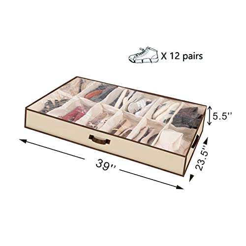 Shonpy 2PCS Men/Woman 12 Cells See Through Underbed shoes and boots Storage Bag Organizer with PVC window (beige)