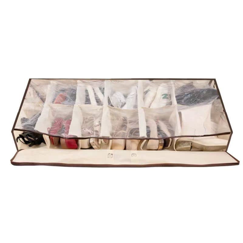 Shonpy 2PCS Men/Woman 12 Cells See Through Underbed shoes and boots Storage Bag Organizer with PVC window (beige)