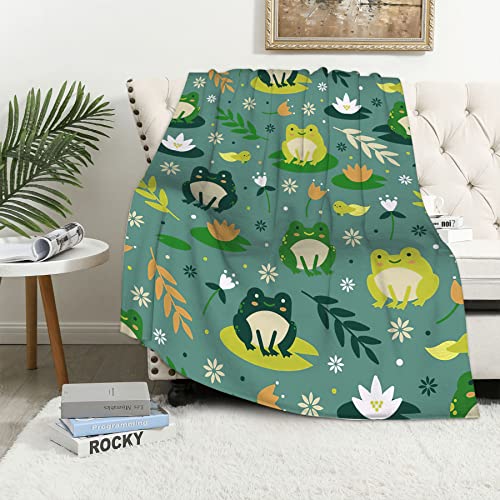 Frog Blanket Green Leaf Cute Frog Throw Blanket for Kids Adults, Frog Gift for Frog Lover, Soft Cozy Flannel Blankets for Couch Sofa 50x40 Inches