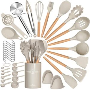 umite chef 36pcs silicone kitchen cooking utensils with holder, heat resistant cooking utensils sets wooden handle, khaki nonstick kitchen gadgets tools include spatula spoons turner pizza cutter