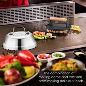 HaSteeL Melting Dome & Grill Press for Griddle, Stainless Steel 9In Basting Cover & Heavy Duty 7In Wooden Burger Press, Griddle Accessories Kit Great for Flat Top Teppanyaki Cast Iron Indoor Outdoor