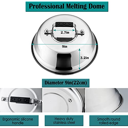HaSteeL Melting Dome & Grill Press for Griddle, Stainless Steel 9In Basting Cover & Heavy Duty 7In Wooden Burger Press, Griddle Accessories Kit Great for Flat Top Teppanyaki Cast Iron Indoor Outdoor