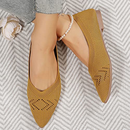 Ladies Fashion Solid Color Breathable Knitting Pointed Shallow Flat Casual Shoes Heel Thong Sandals (Yellow, 8)