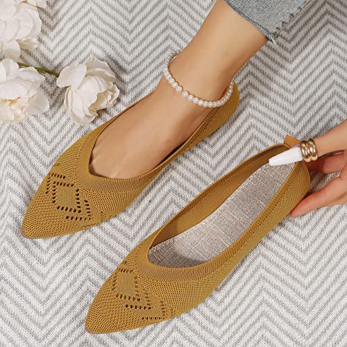 Ladies Fashion Solid Color Breathable Knitting Pointed Shallow Flat Casual Shoes Heel Thong Sandals (Yellow, 8)