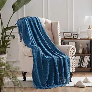 nexhome throw blanket for bed blue decorative knit blanket with tassel fringe soft lightweight zigzag textured boho throws (50"x60" royal blue)