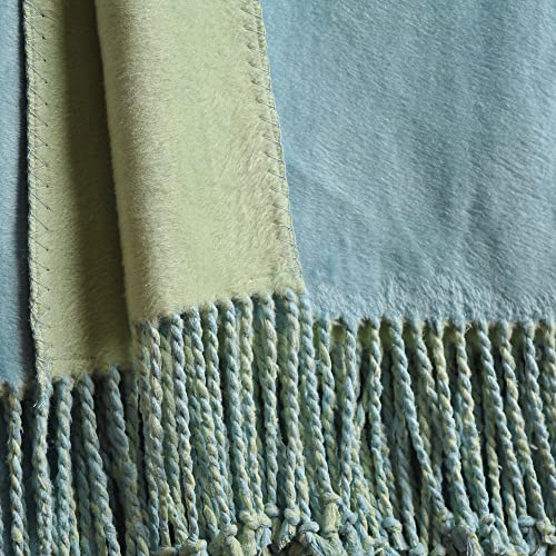 EP Mode Reversible Fringed Mulberry Silk Throw Blanket for Sofa (Crystal Blue/Lime)