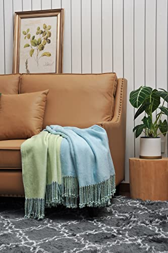 EP Mode Reversible Fringed Mulberry Silk Throw Blanket for Sofa (Crystal Blue/Lime)